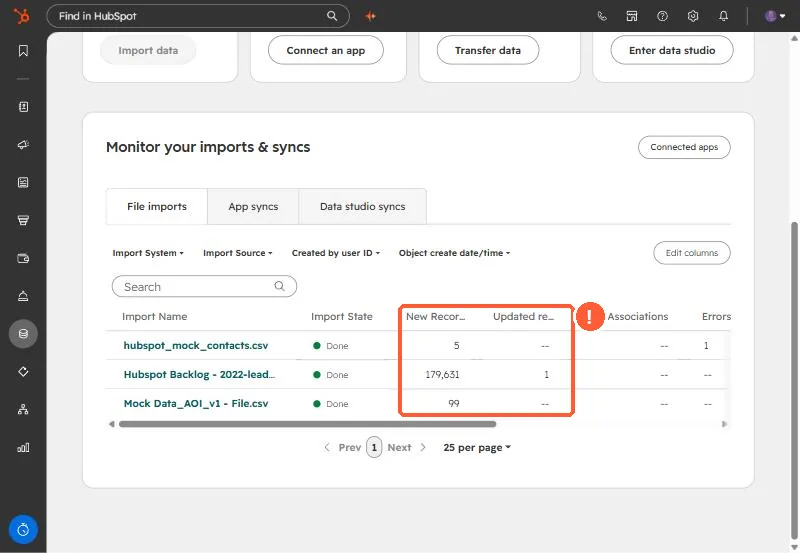 File imports list with the New records and Updated records columns highlighted