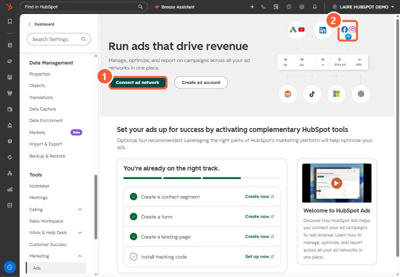 Ads settings page with Connect ad network button and ad network icons including Meta