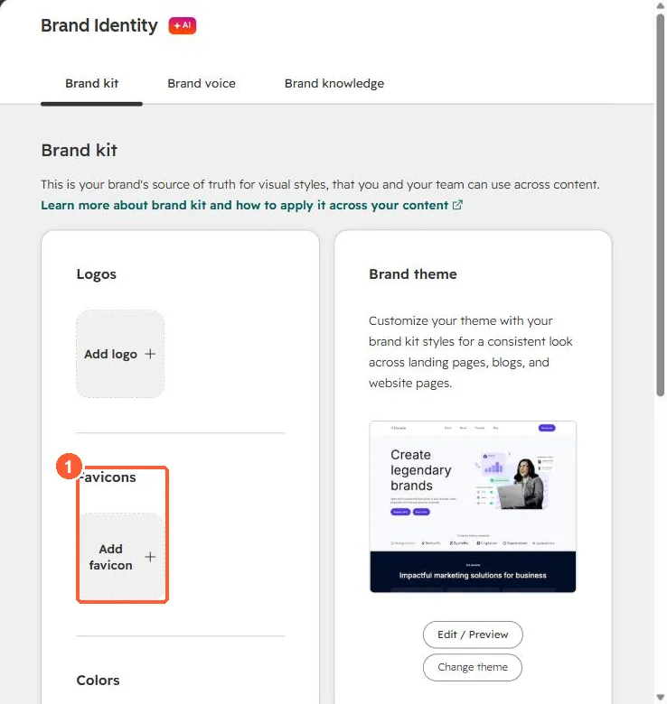 Brand kit with an empty Favicons slot