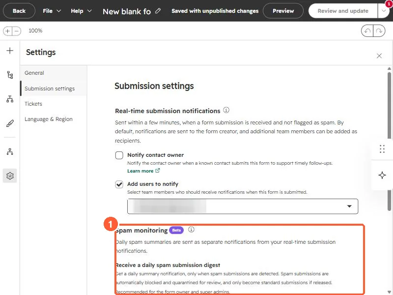 Form submission settings with real-time notifications and a Spam monitoring beta section