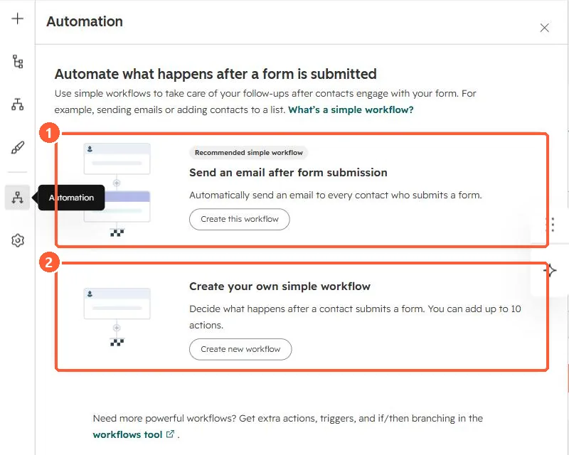 Form Automation panel with Send an email after form submission and Create your own simple workflow cards