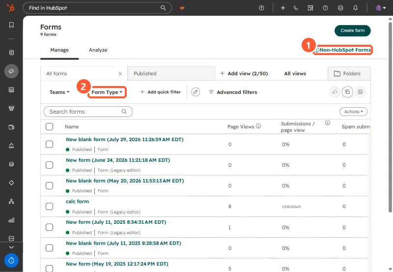 Forms index with a Non-HubSpot Forms link and Form Type filter