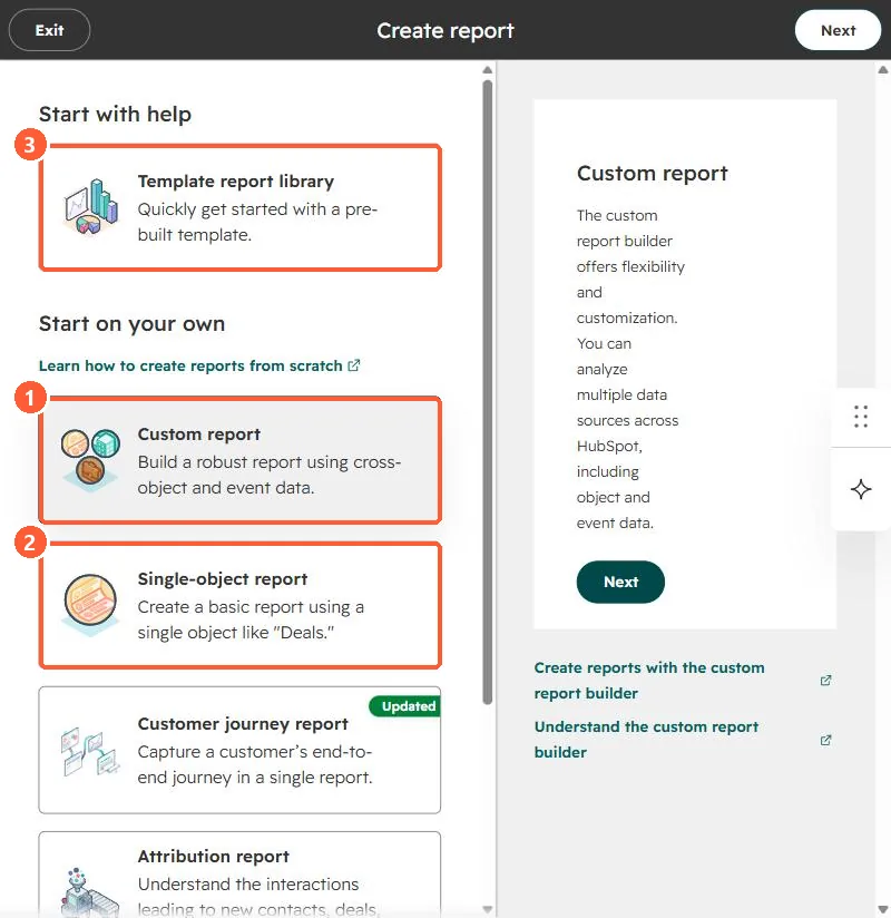 Create report chooser with Custom report, Single-object report, Customer journey report and Attribution report