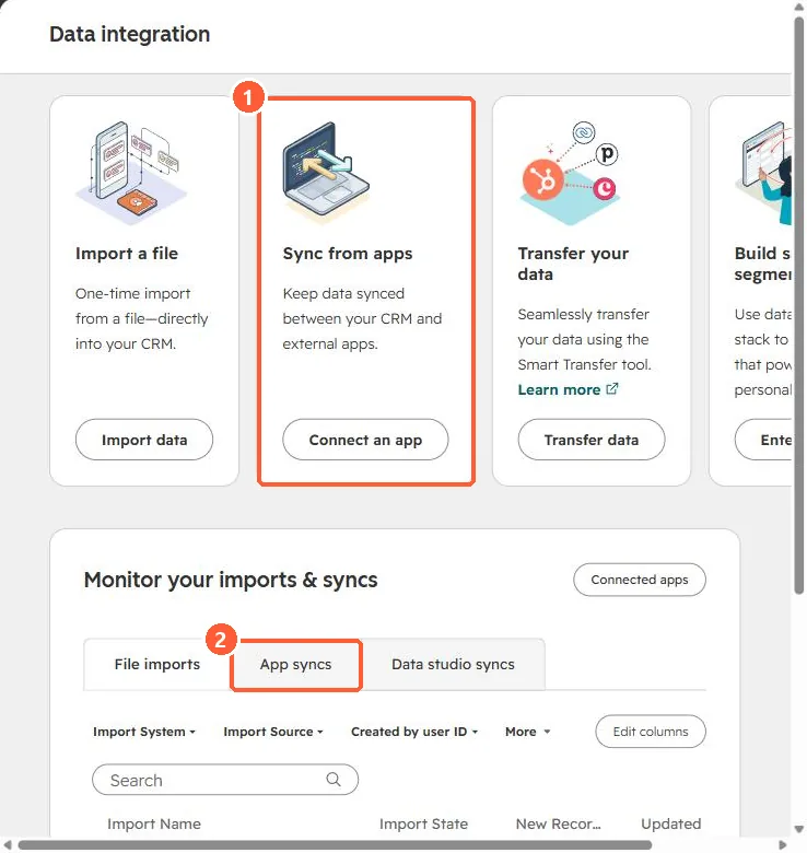 Data integration page with Sync from apps card and App syncs tab