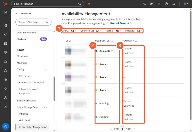 Availability Management with filters, user status, and ticket capacity columns highlighted