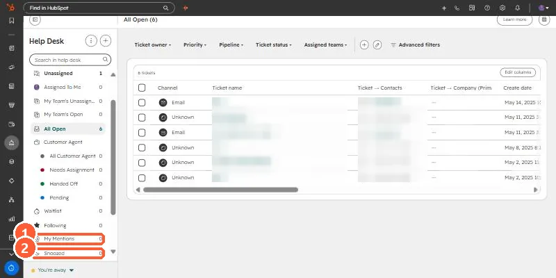 Help desk workspace with views including My Mentions and Snoozed; ticket names blurred