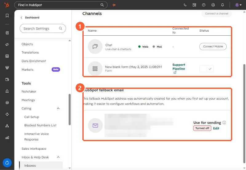 Inbox channels and the HubSpot fallback email card with Use for sending turned off