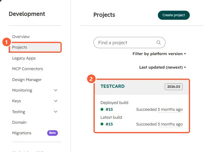 Developer Projects page with a project card showing platform version 2026.03 and deployed and latest build numbers