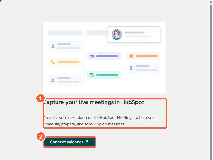 Calendar page with Capture your live meetings in HubSpot text and a Connect calendar button