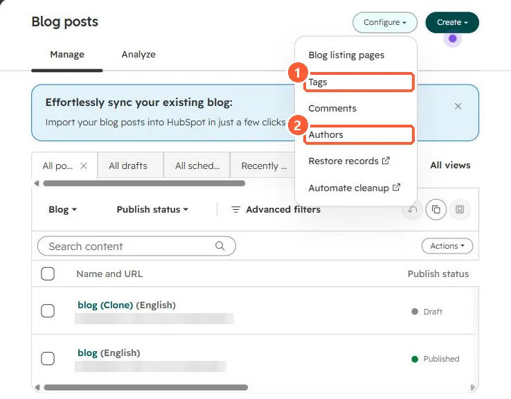 Blog posts list with the Configure menu open showing Blog listing pages, Tags, Comments, Authors