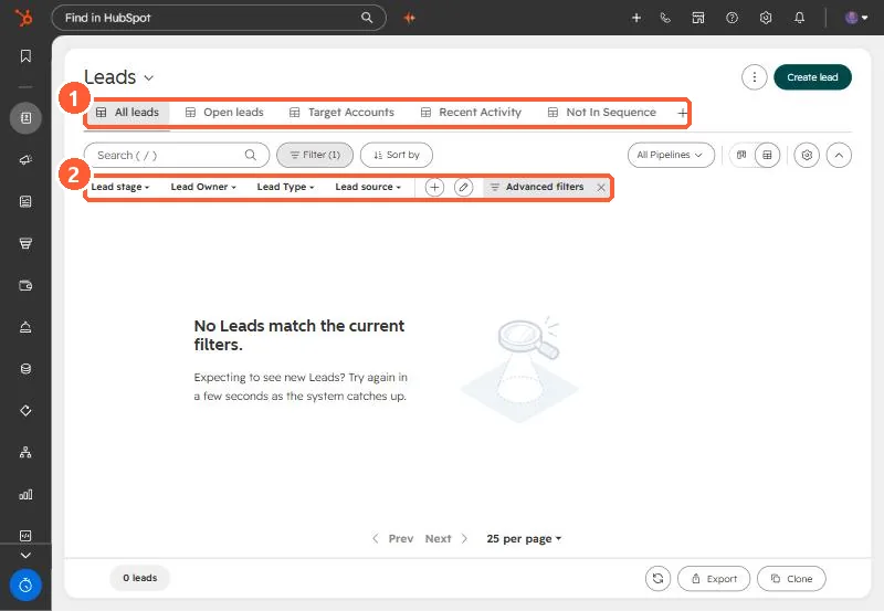 Leads index with All leads, Open leads, Target Accounts, Recent Activity and Not In Sequence views and Lead stage filters
