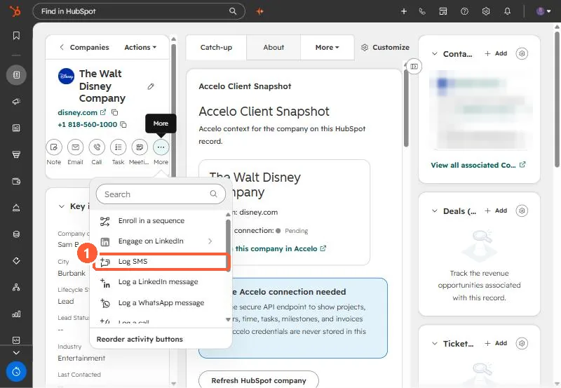 Record activity More menu showing Log SMS, Log a LinkedIn message and Log a WhatsApp message