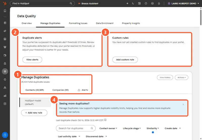 Manage Duplicates tab with duplicate alerts, custom rules, contact and company counts and a banner about higher visibility limits