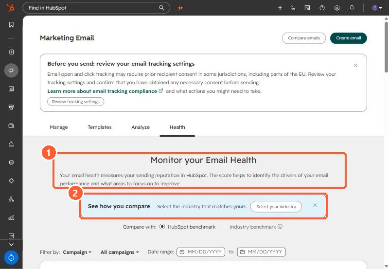 Email Health page with a benchmark comparison banner