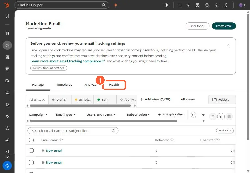 Marketing Email manage page with Manage, Templates, Analyze and Health tabs