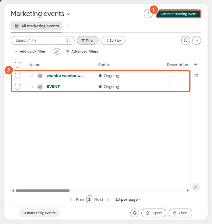 Marketing events list with Create marketing event button and two ongoing events