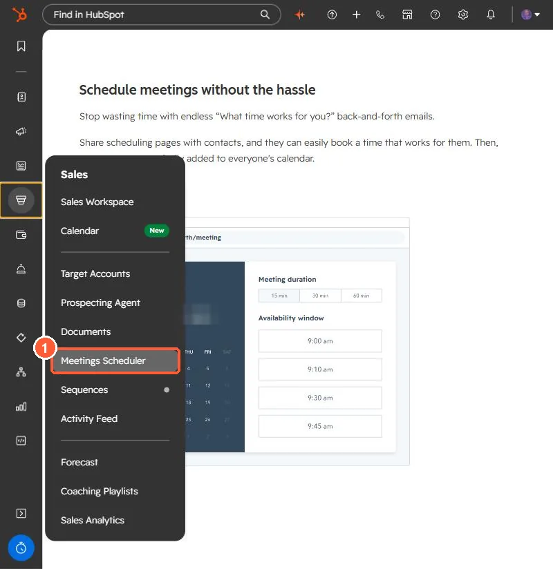 Sales navigation menu with Meetings Scheduler highlighted over the meetings intro page
