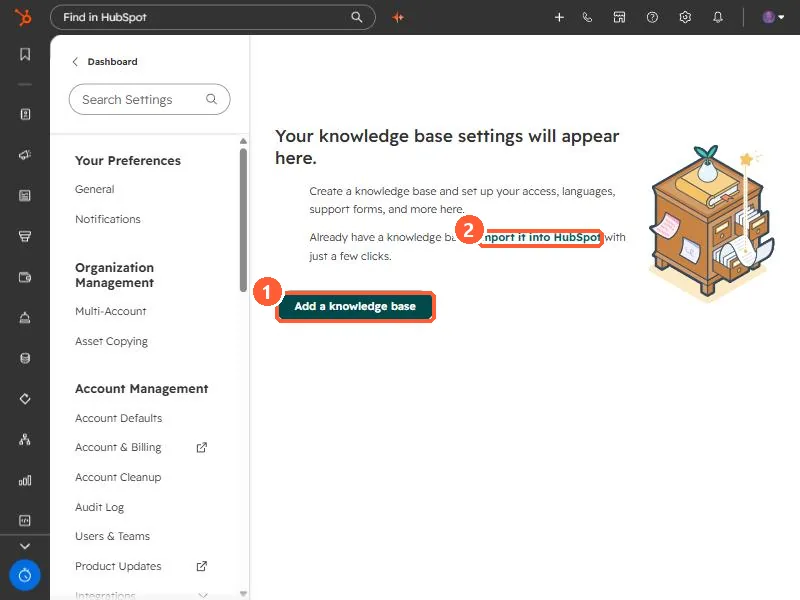 Knowledge base settings empty state with Add a knowledge base and Import it into HubSpot