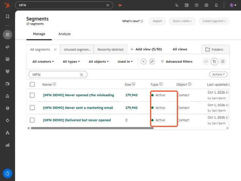 Segments list with the Type column showing Active highlighted