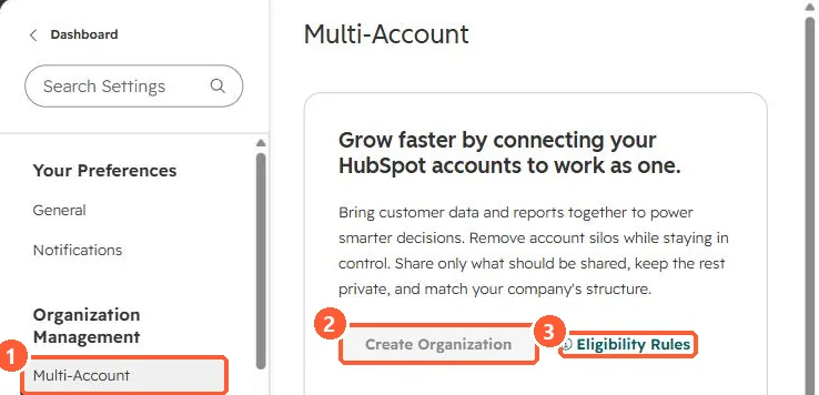 Multi-Account settings with a greyed Create Organization button and Eligibility Rules link