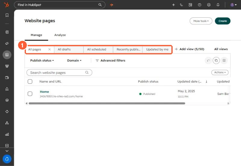 Website pages list with page names and statuses