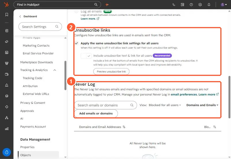 Never Log section with search, view filter, Add emails or domains, and the unsubscribe links settings above it highlighted