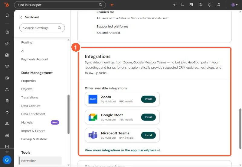 Notetaker settings Integrations section listing Zoom, Google Meet, and Microsoft Teams