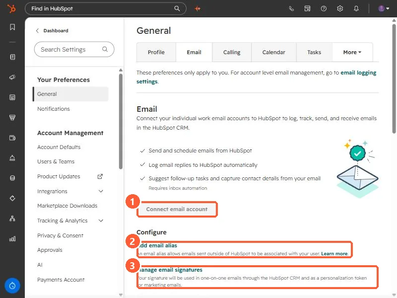 Personal Email preferences with Connect email account, Add email alias, and Manage email signatures highlighted