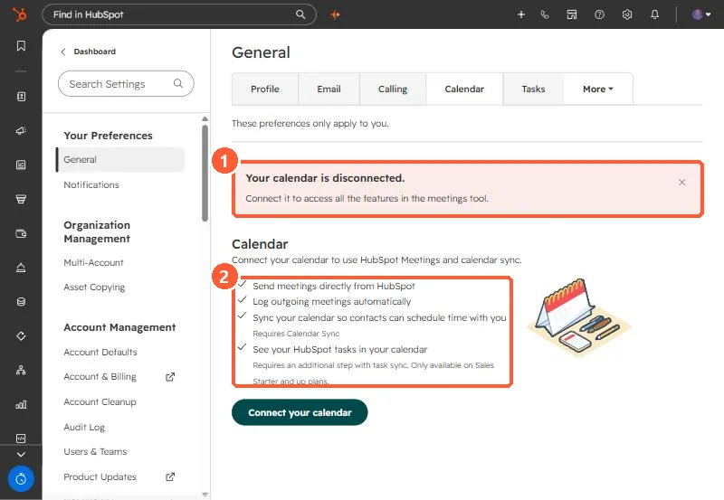 Calendar settings showing Your calendar is disconnected and a list of what connecting enables