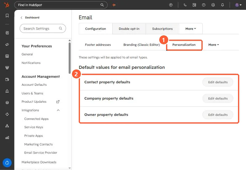 Email Personalization tab with Contact, Company, and Owner property defaults highlighted