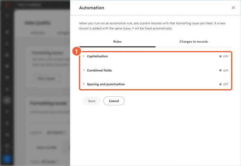 Formatting automation rules panel listing Capitalization, Combined fields, and Spacing and punctuation