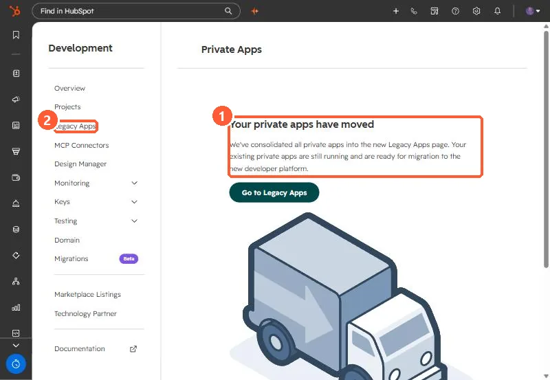 Private Apps page saying your private apps have moved, with a Go to Legacy Apps button