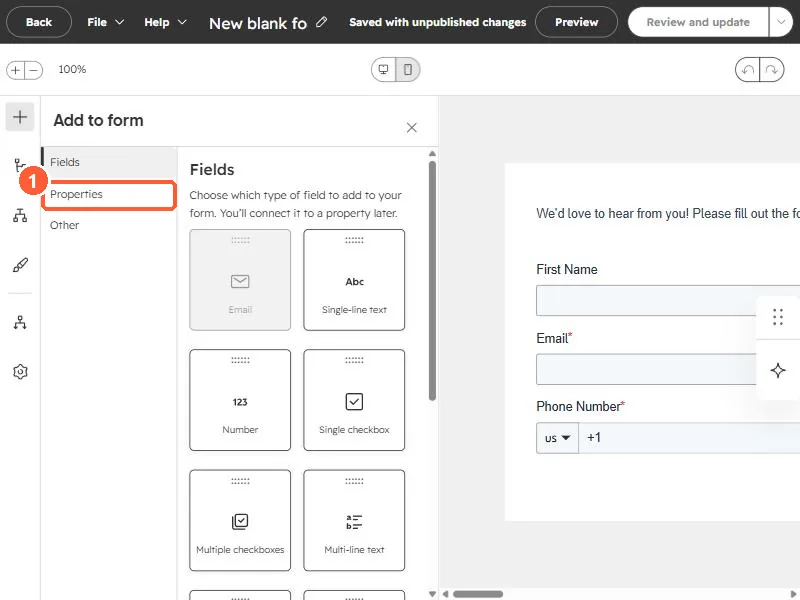 Form editor Add to form panel with Fields, Properties and Other