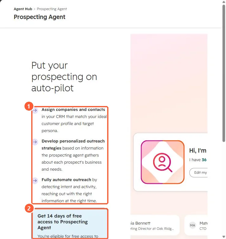 Prospecting Agent onboarding page listing assign companies, develop outreach strategies and automate outreach, with a free access offer