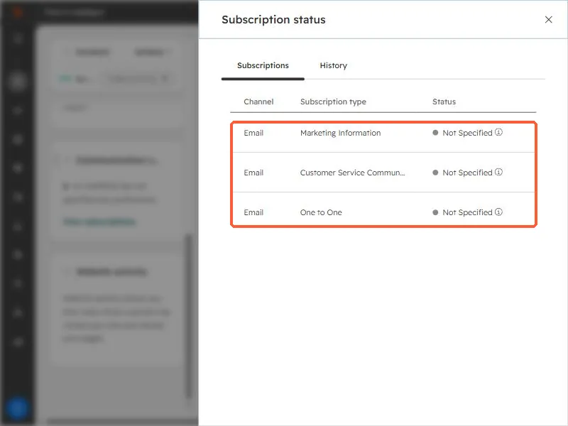 Subscription status panel listing three email subscription types with status