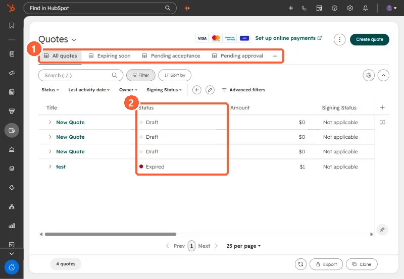 Quotes index with All quotes, Expiring soon, Pending acceptance and Pending approval views