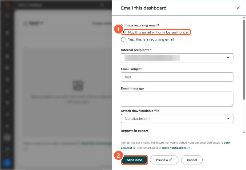 Email this dashboard dialog with the send once option selected and a Send now button