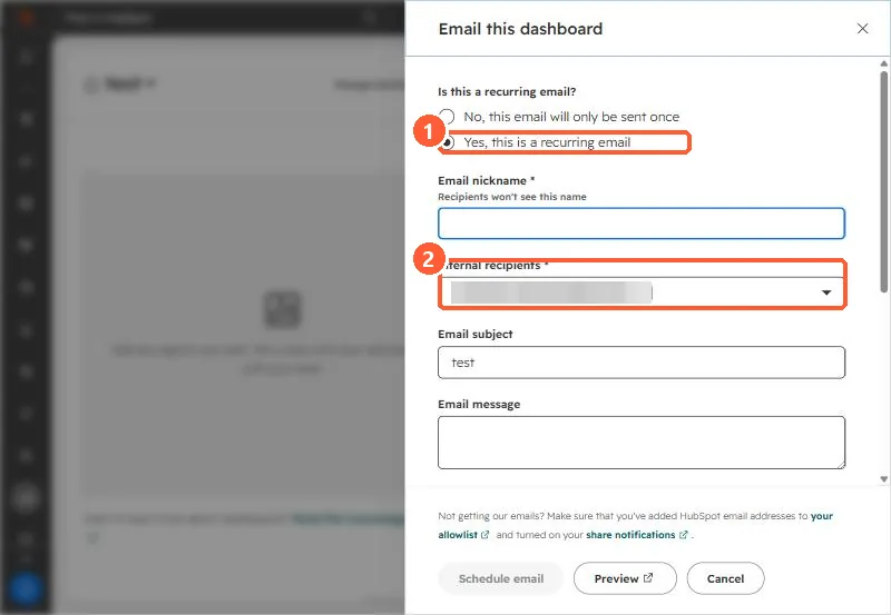 Email this dashboard dialog with Yes, this is a recurring email selected and the Internal recipients field