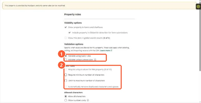 Job Title property rules with Validate using basic rules selected and options for unique values and character limits