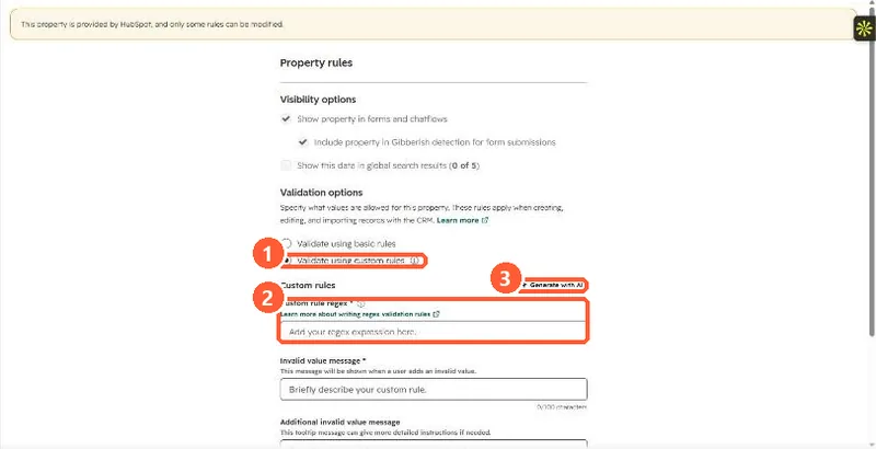 Custom rules with Custom rule regex field, Generate with AI link and Invalid value message field