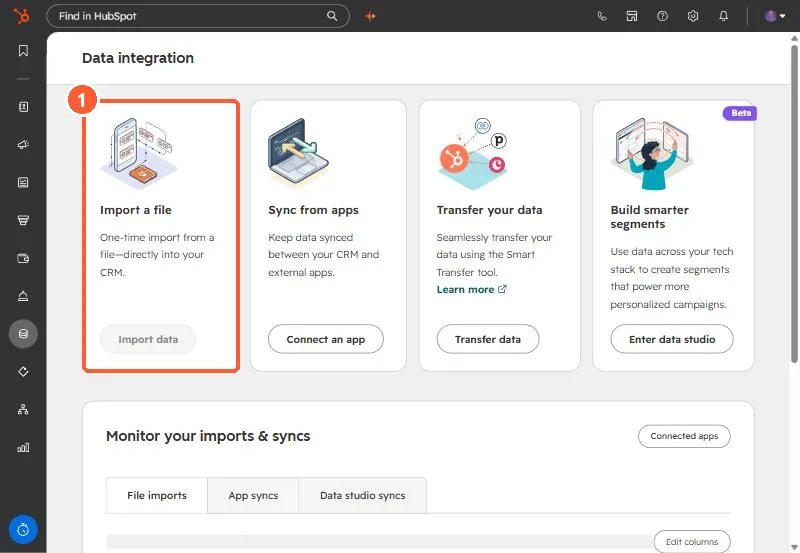 HubSpot Data integration page with the Import a file card highlighted