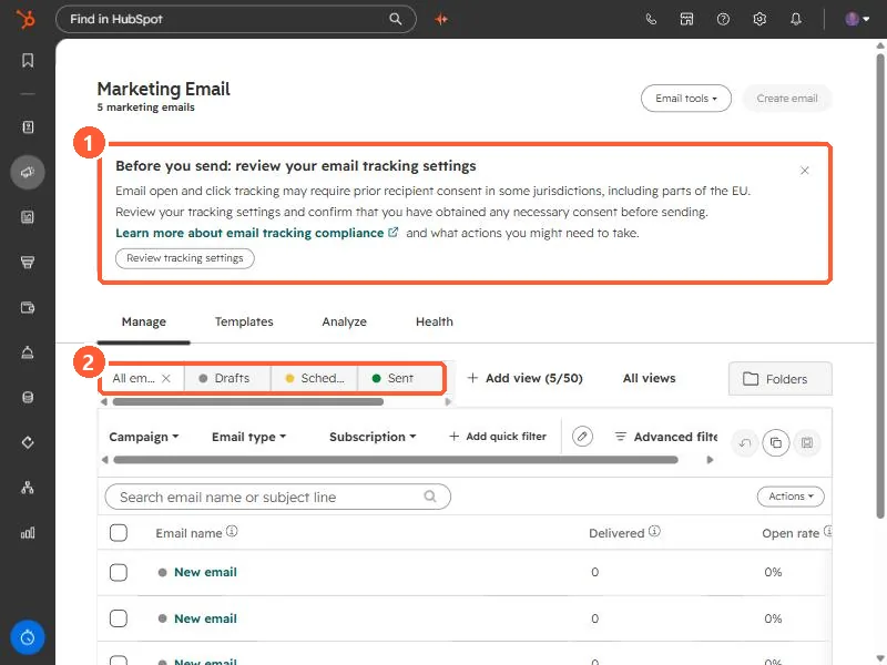 Marketing Email page with the email tracking warning banner and the status tabs highlighted