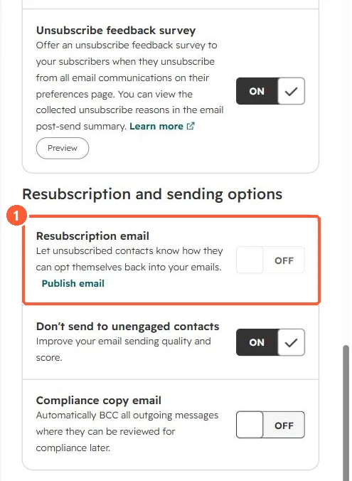 Resubscription email setting switched off with a Publish email link