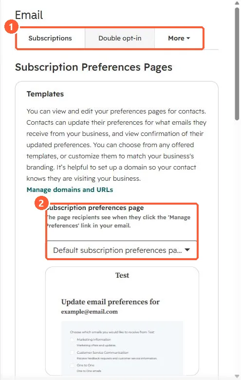 Email settings Subscriptions tab with subscription preferences page template