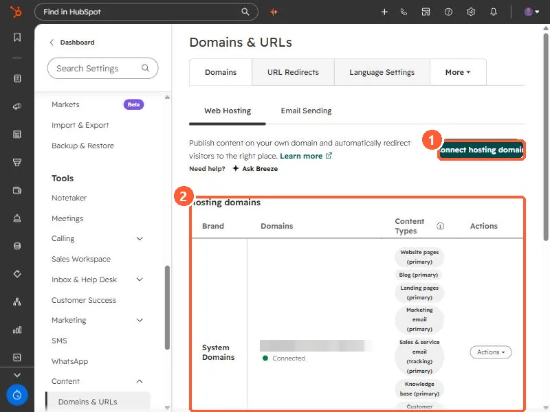 Domains and URLs settings with Connect hosting domain and the hosting domains table