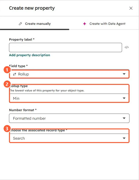 Rollup property settings with Rollup type Min, Number format and Choose the associated record type