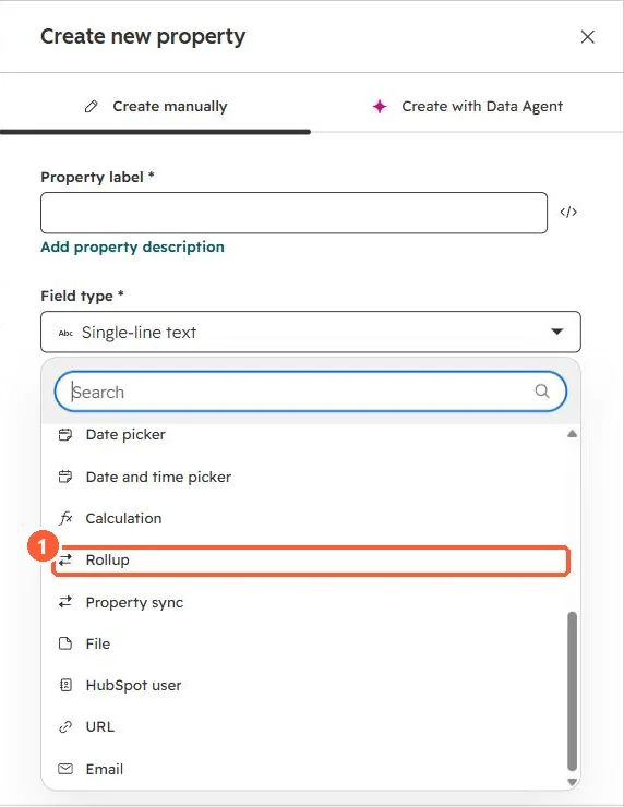 Field type dropdown with Rollup highlighted
