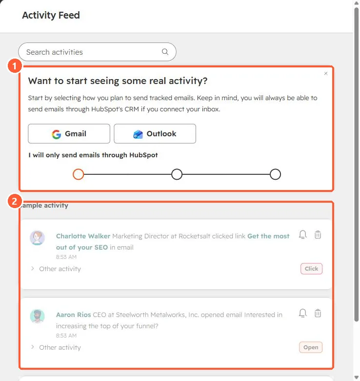Activity Feed with a prompt to choose Gmail or Outlook and sample click and open activity