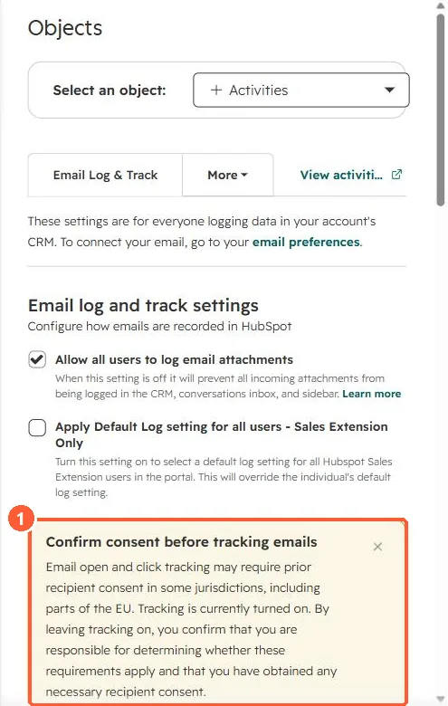 Email log and track settings with a Confirm consent before tracking emails notice