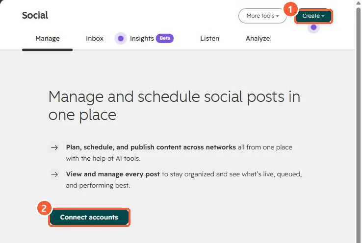 Social tool intro with Create button and Connect accounts